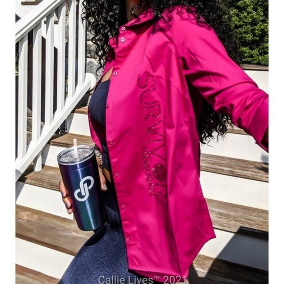 Elaine Pink Glitter Survivor Identaholic Button Up Work Shirt - Picture 7 of 9